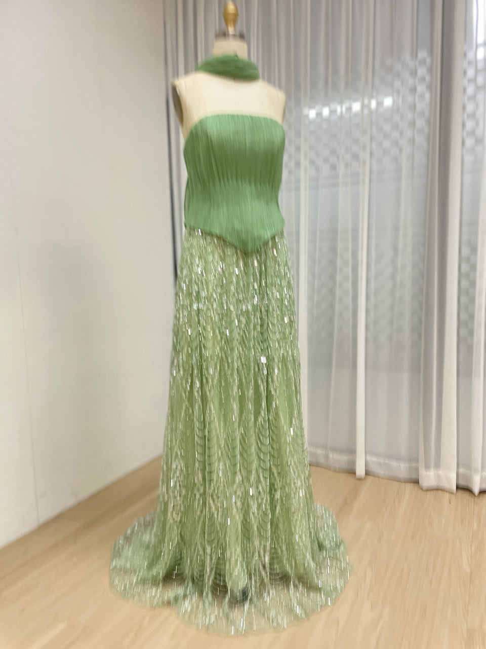 Green Strapless Pleated A-Line Formal Gown with Scarf MY30168