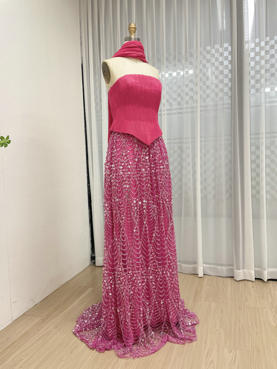 Green Strapless Pleated A-Line Formal Gown with Scarf MY30168