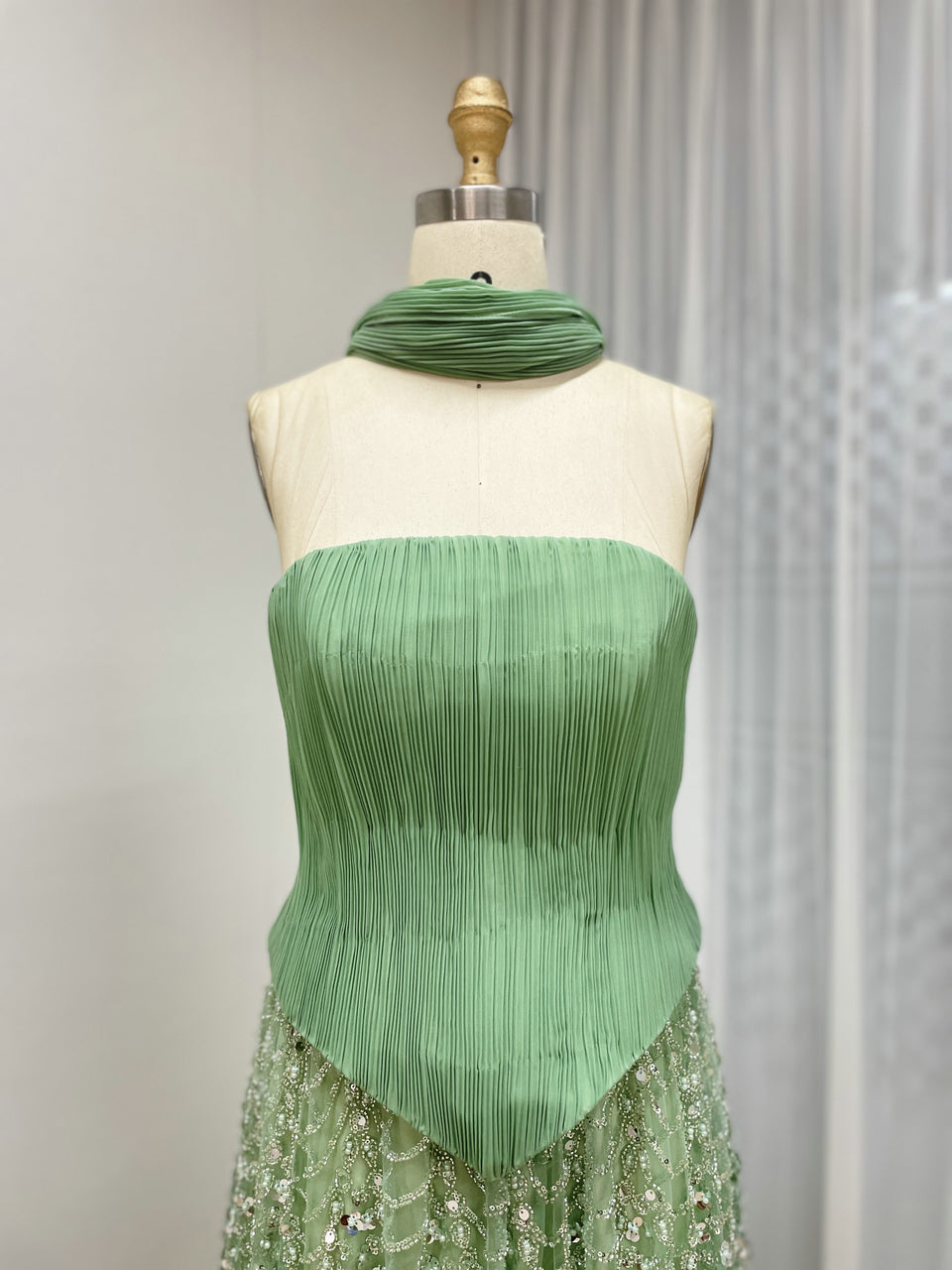 Green Strapless Pleated A-Line Formal Gown with Scarf MY30168