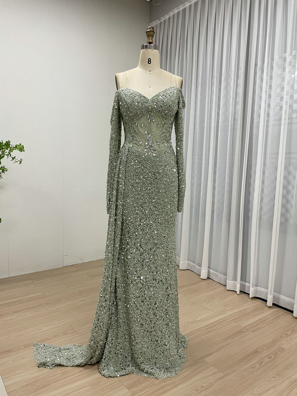 Green Mermaid Evening Dress Long Sleeve Off-Shoulder Sequins Formal Party Gown MY30171