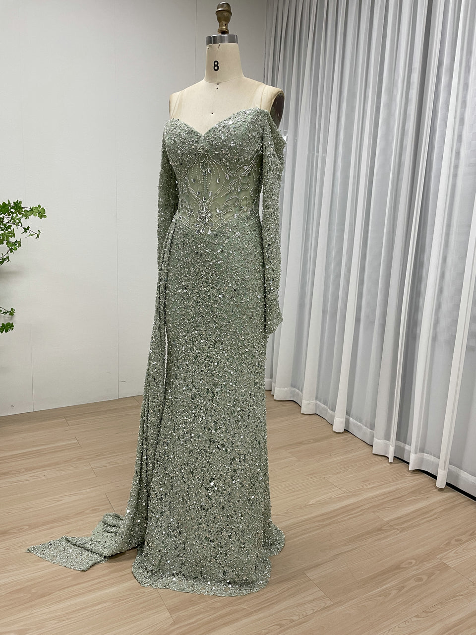 Green Mermaid Evening Dress Long Sleeve Off-Shoulder Sequins Formal Party Gown MY30171