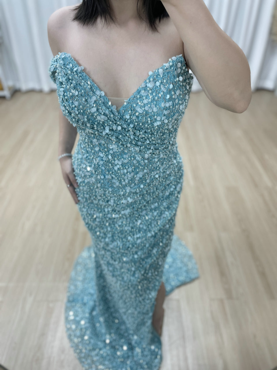Green Off-Shoulder Ruched Sequin Mermaid Dress with Side Slit MY30172