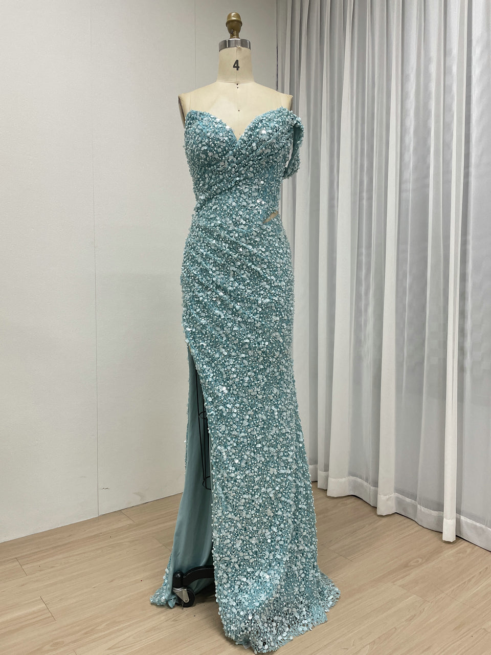 Green Off-Shoulder Ruched Sequin Mermaid Dress with Side Slit MY30172