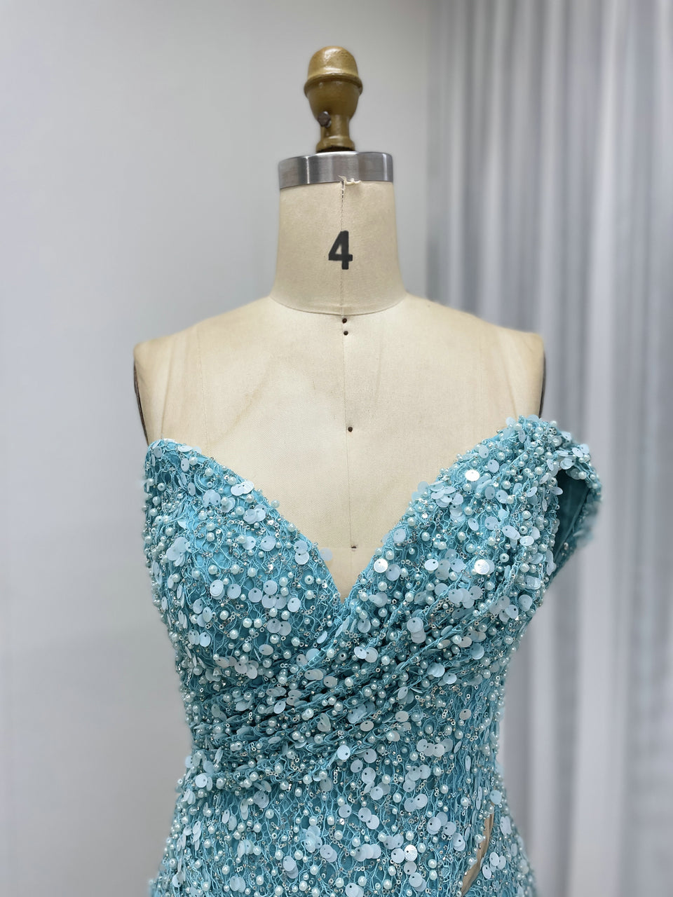 Green Off-Shoulder Ruched Sequin Mermaid Dress with Side Slit MY30172