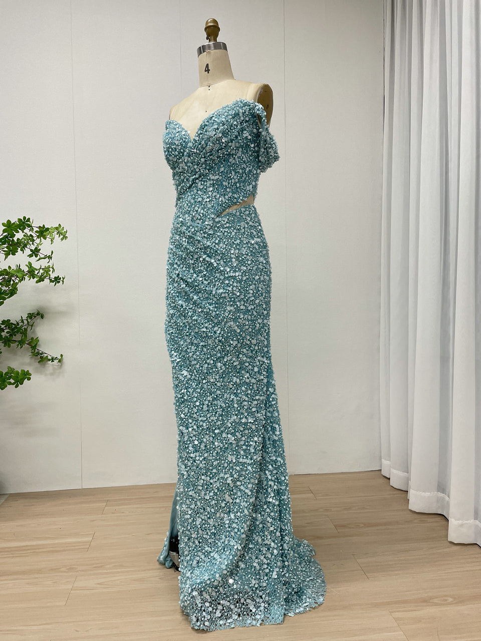 Green Off-Shoulder Ruched Sequin Mermaid Dress with Side Slit MY30172