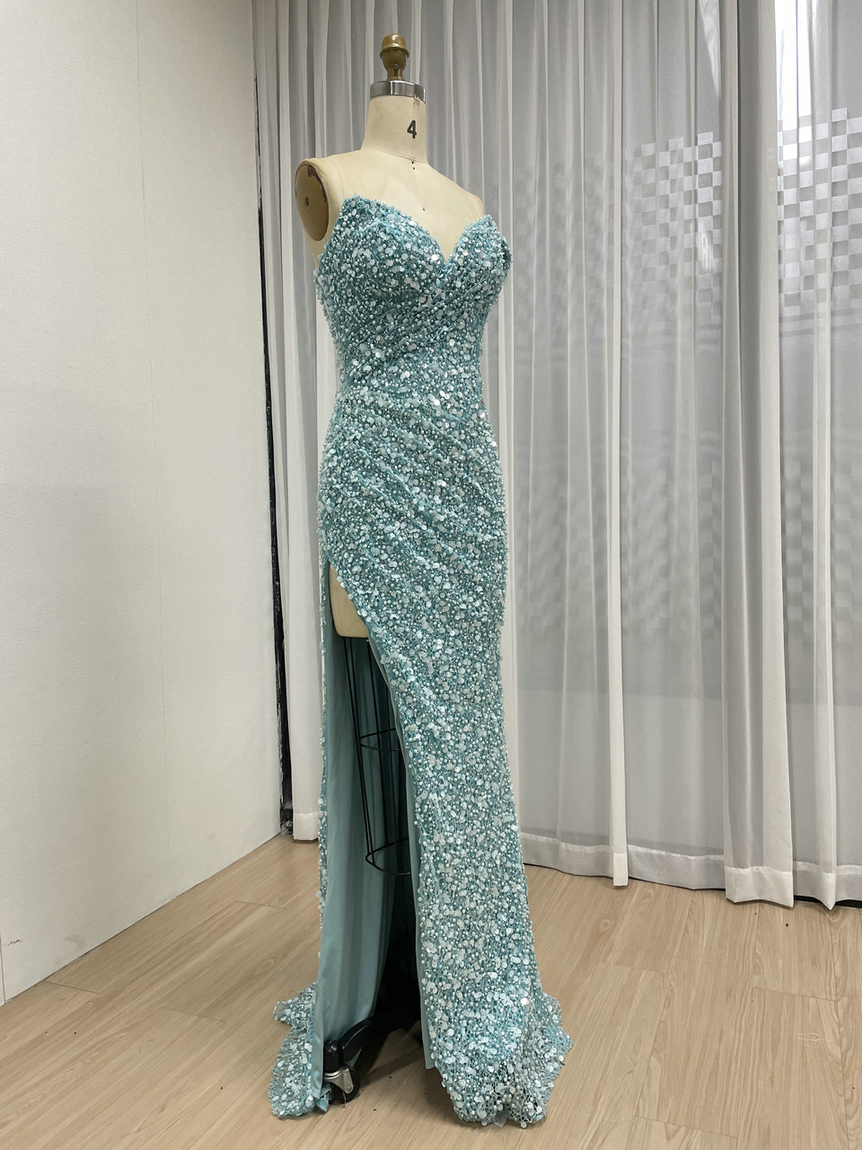 Green Off-Shoulder Ruched Sequin Mermaid Dress with Side Slit MY30172