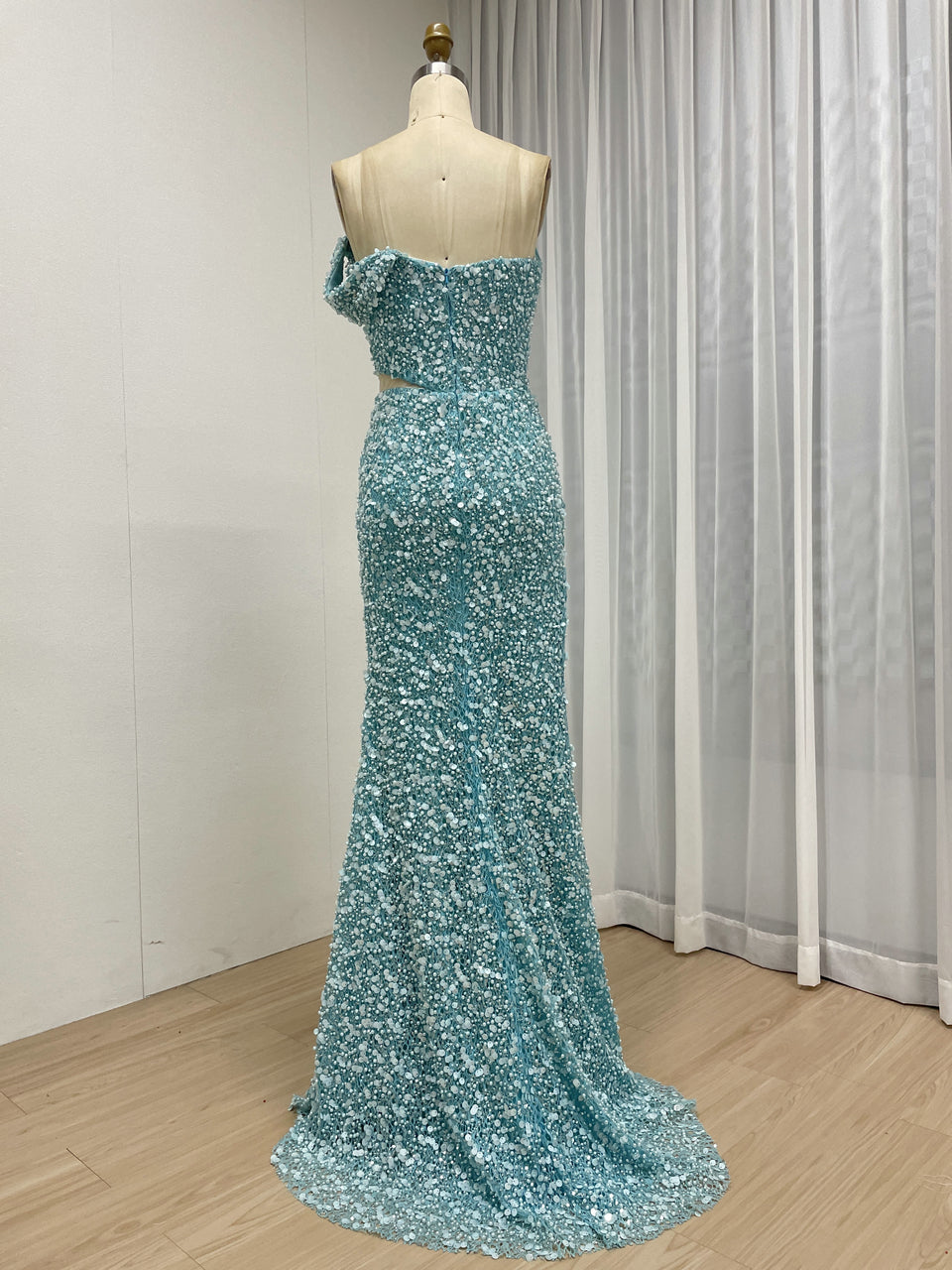 Green Off-Shoulder Ruched Sequin Mermaid Dress with Side Slit MY30172