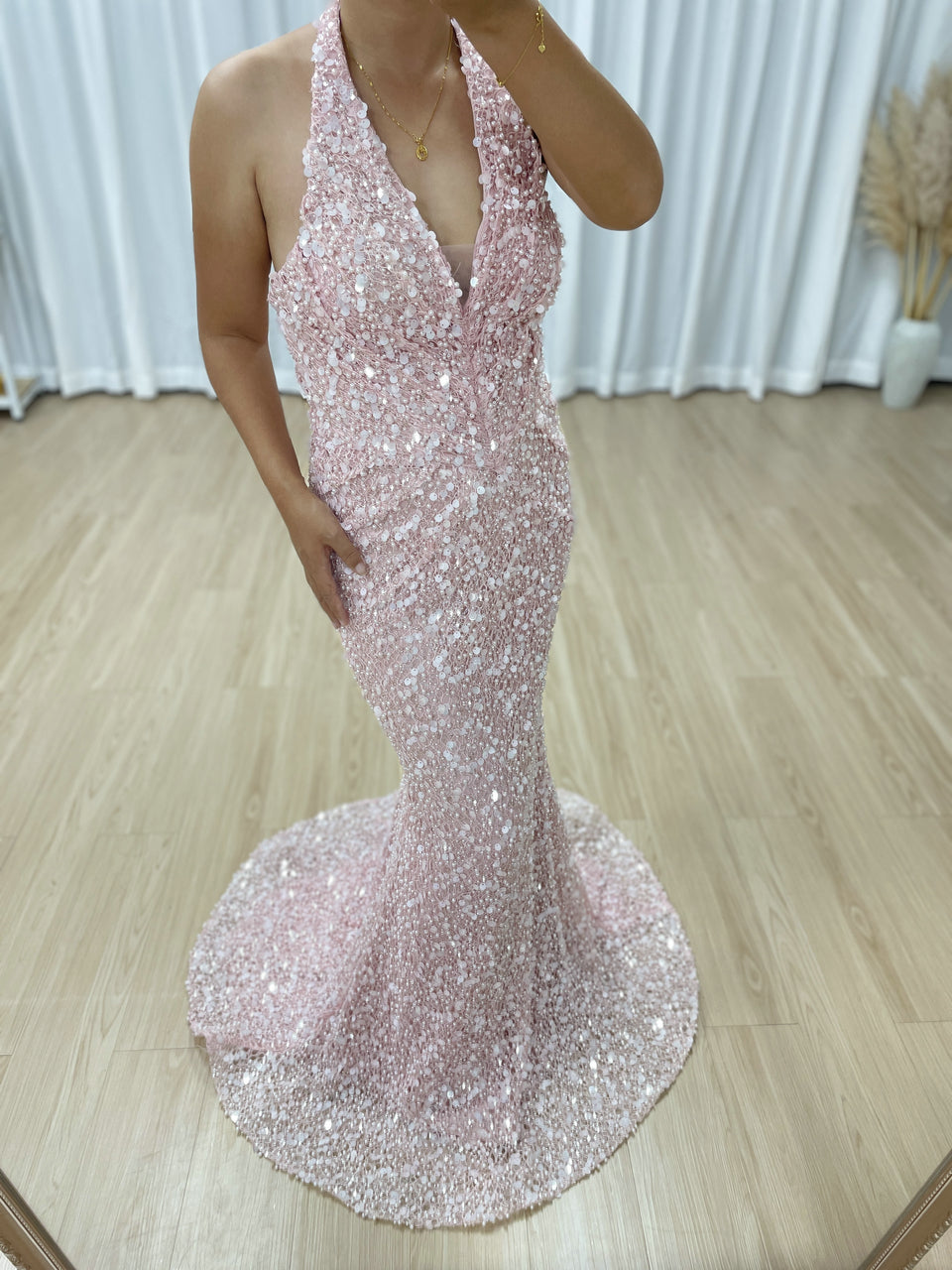Sparkling Pink Halter Mermaid Evening Gown with Ruched V-Neck MY30173