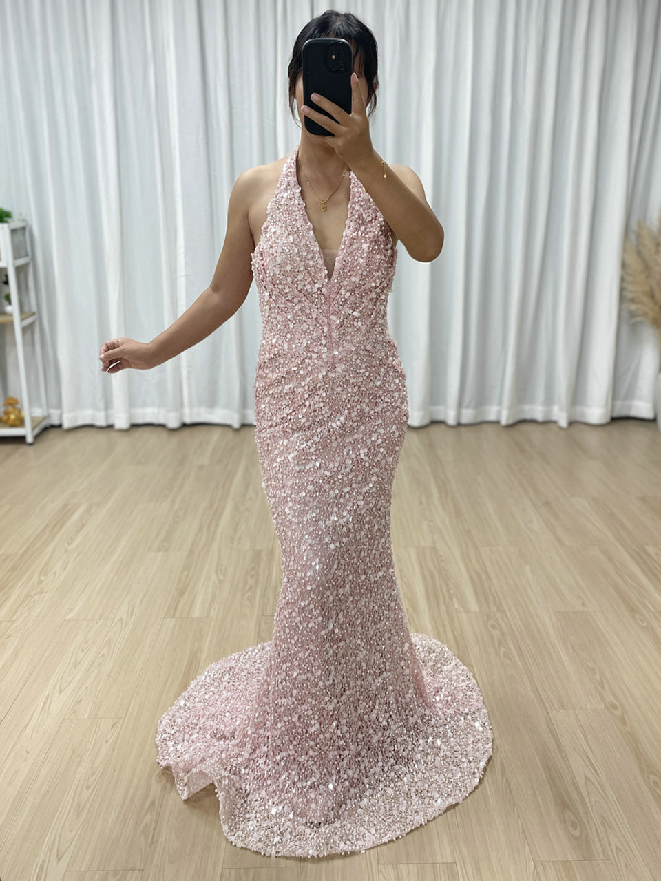 Sparkling Pink Halter Mermaid Evening Gown with Ruched V-Neck MY30173