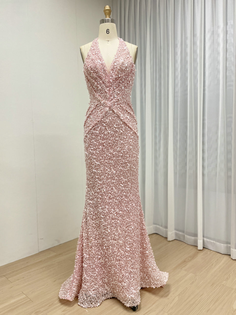 Sparkling Pink Halter Mermaid Evening Gown with Ruched V-Neck MY30173