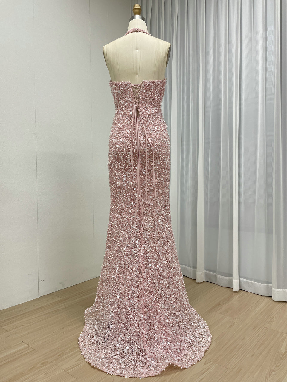 Sparkling Pink Halter Mermaid Evening Gown with Ruched V-Neck MY30173