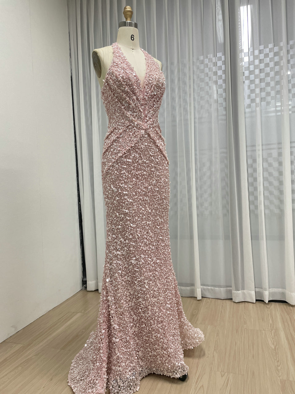 Sparkling Pink Halter Mermaid Evening Gown with Ruched V-Neck MY30173