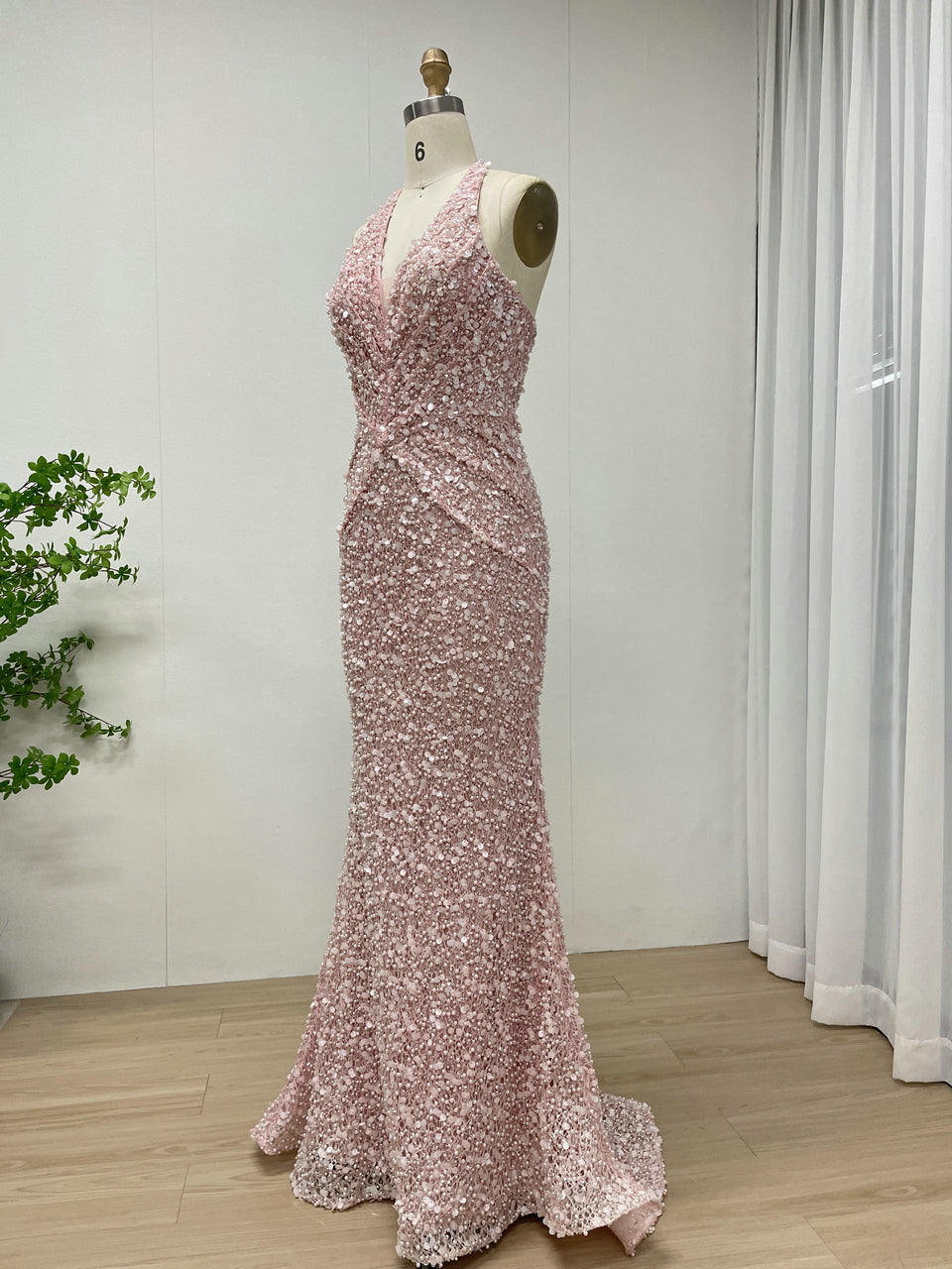 Sparkling Pink Halter Mermaid Evening Gown with Ruched V-Neck MY30173
