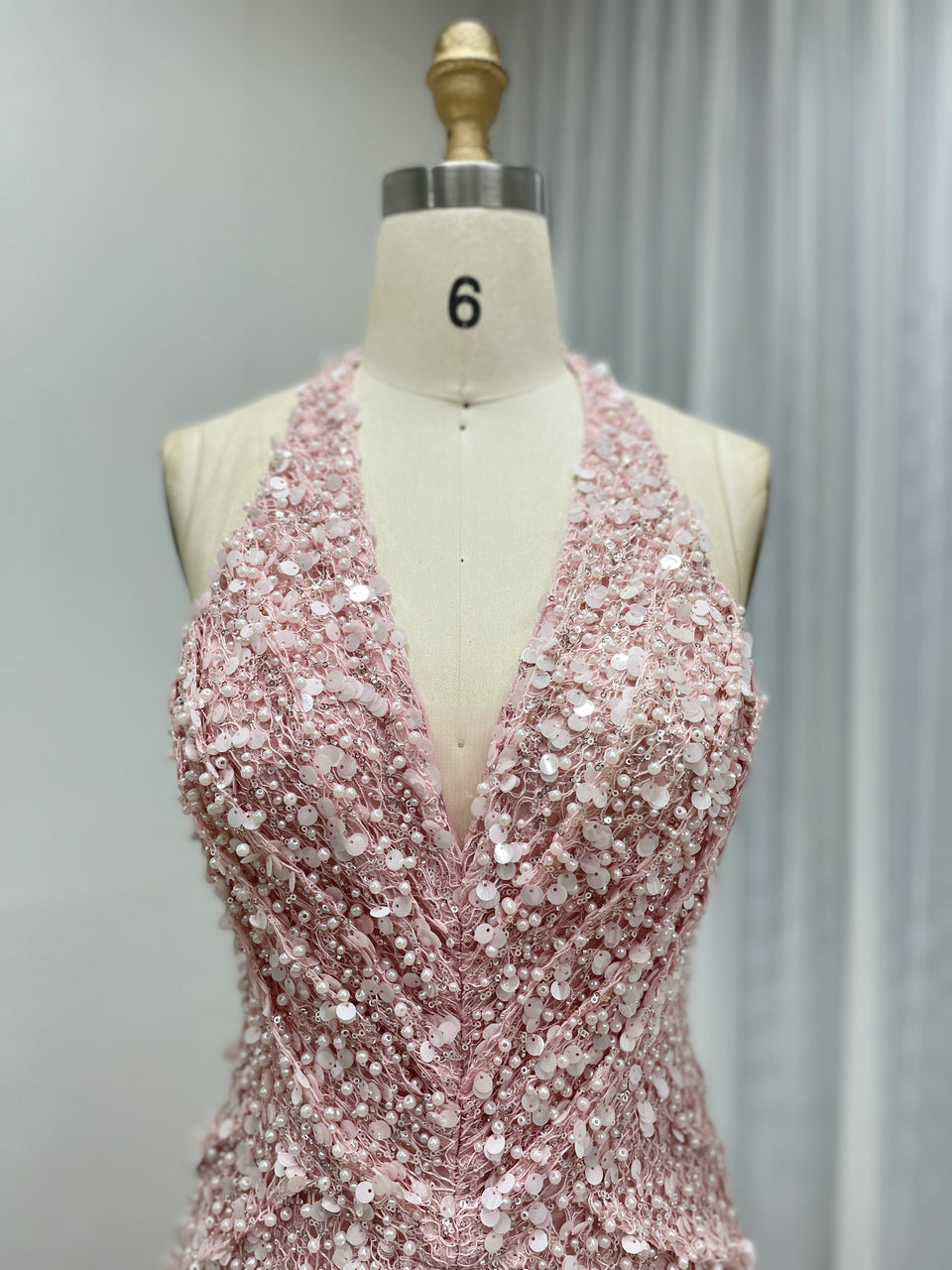 Sparkling Pink Halter Mermaid Evening Gown with Ruched V-Neck MY30173