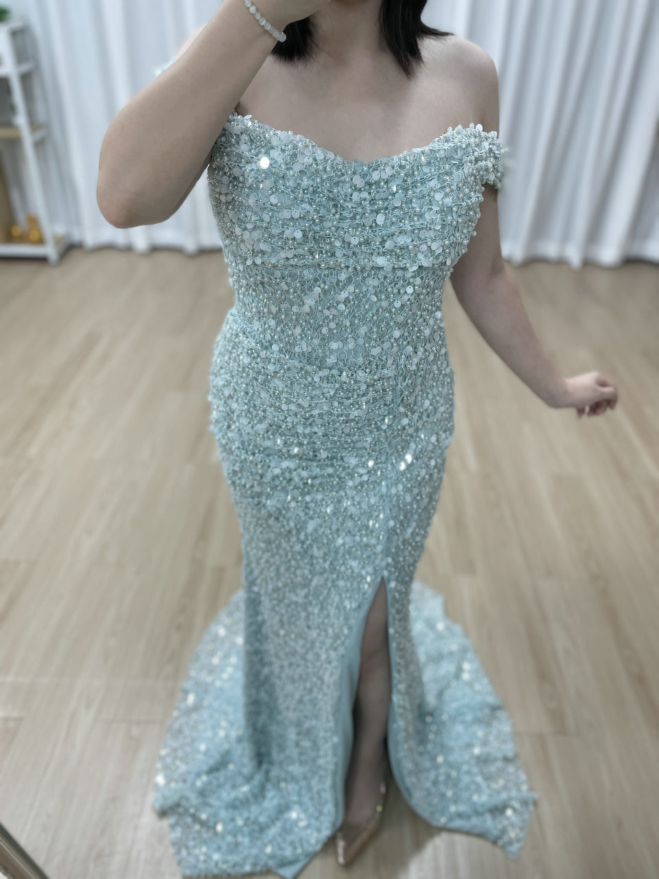 Sparkling Light Blue Sequin Mermaid Gown with Off-Shoulder with Slit MY30174