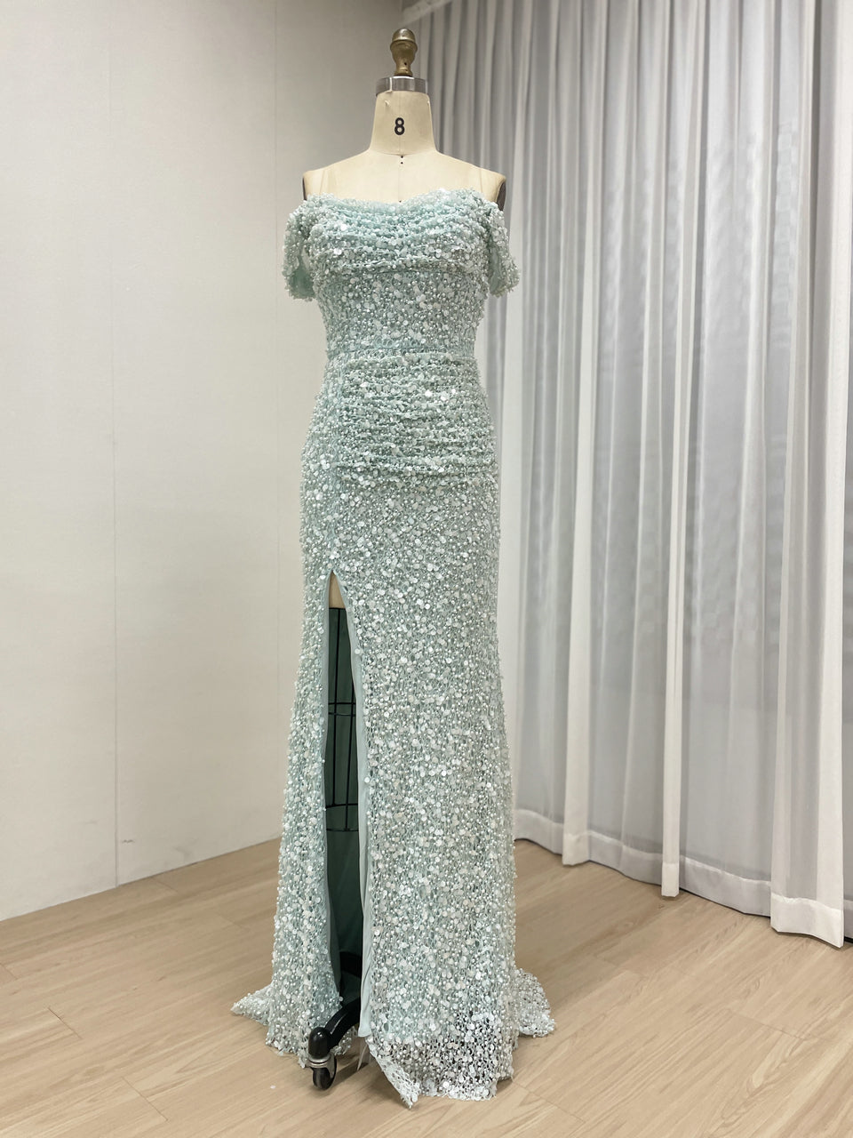 Sparkling Light Blue Sequin Mermaid Gown with Off-Shoulder with Slit MY30174
