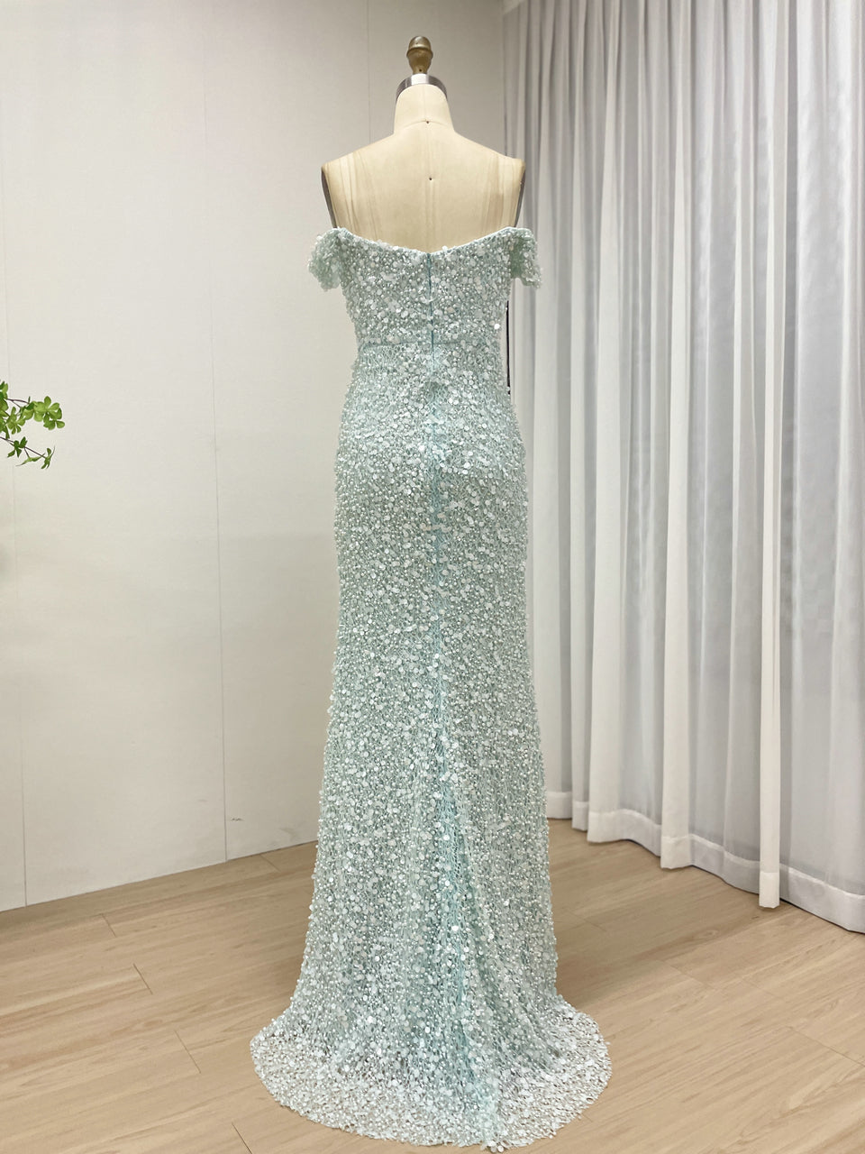 Sparkling Light Blue Sequin Mermaid Gown with Off-Shoulder with Slit MY30174