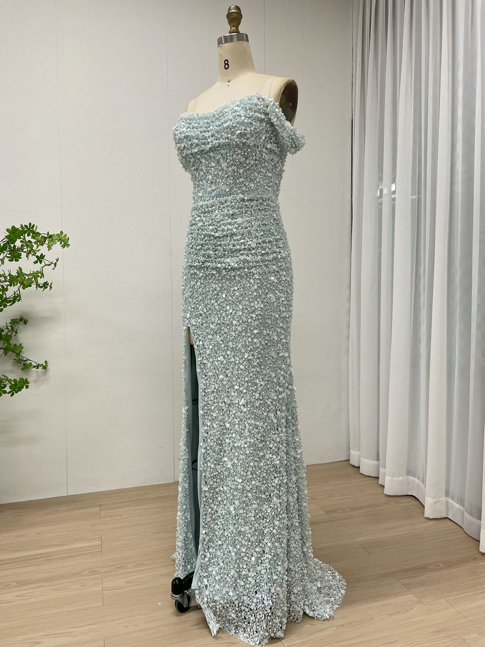 Sparkling Light Blue Sequin Mermaid Gown with Off-Shoulder with Slit MY30174
