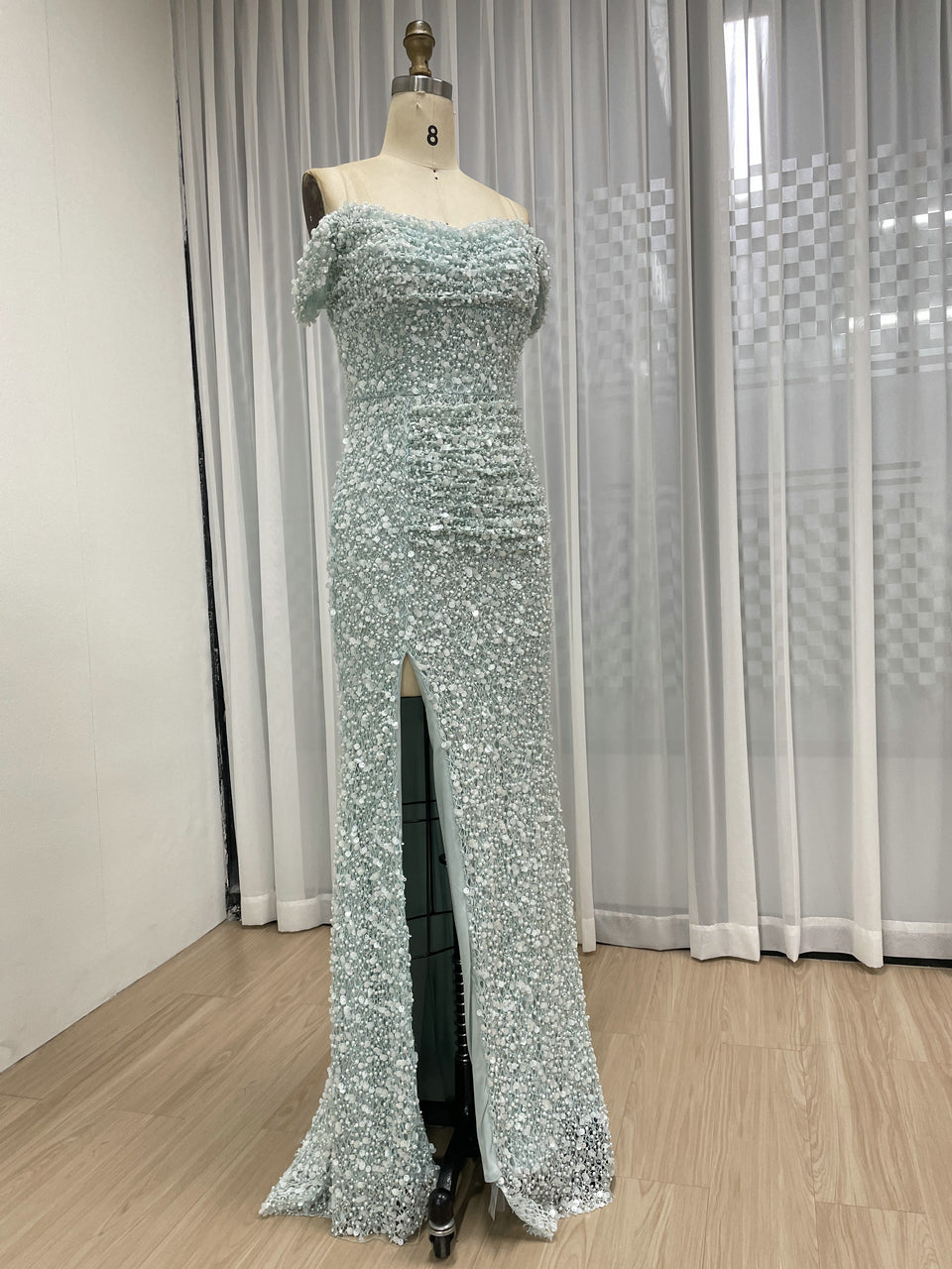 Sparkling Light Blue Sequin Mermaid Gown with Off-Shoulder with Slit MY30174