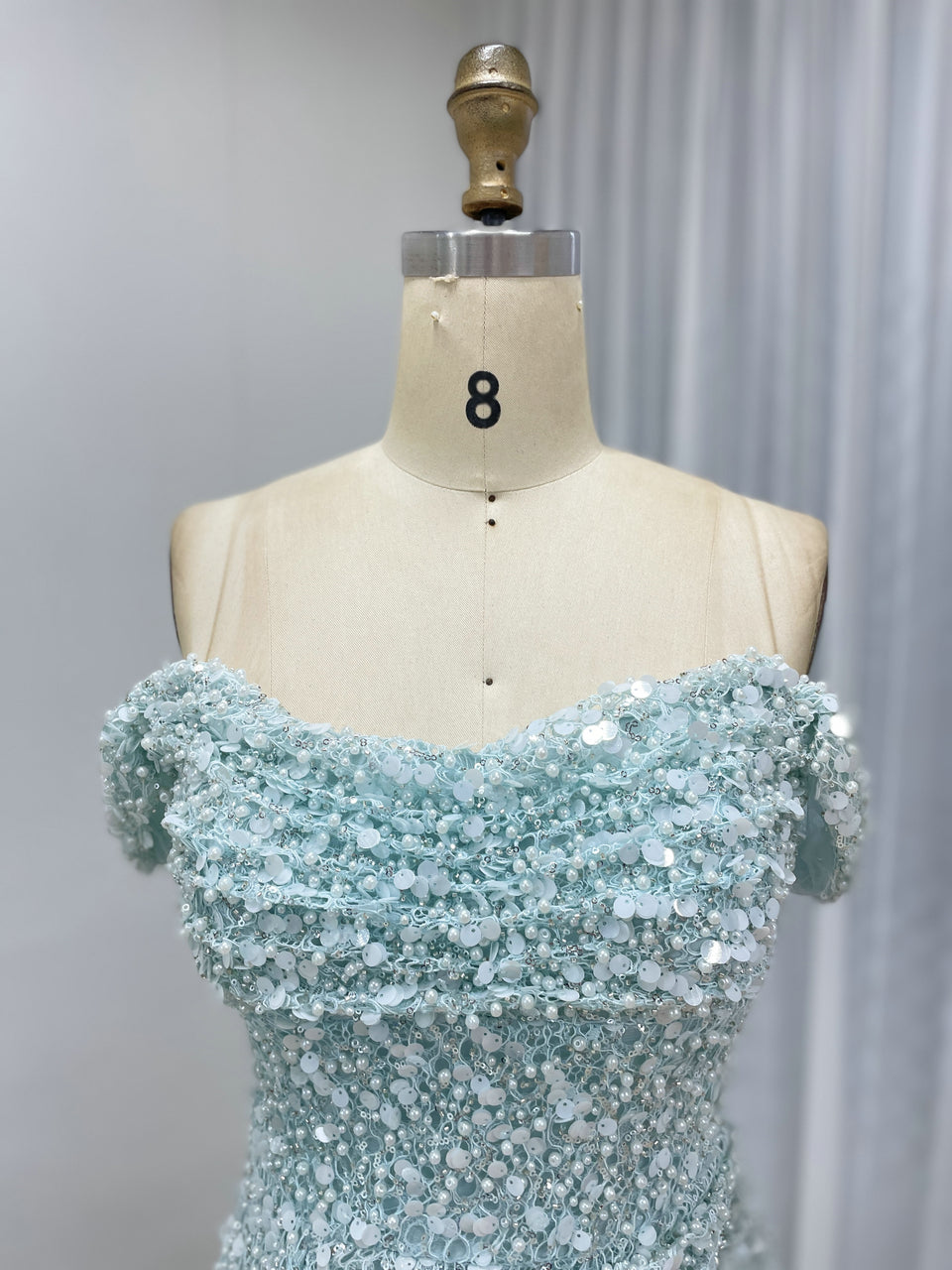 Sparkling Light Blue Sequin Mermaid Gown with Off-Shoulder with Slit MY30174