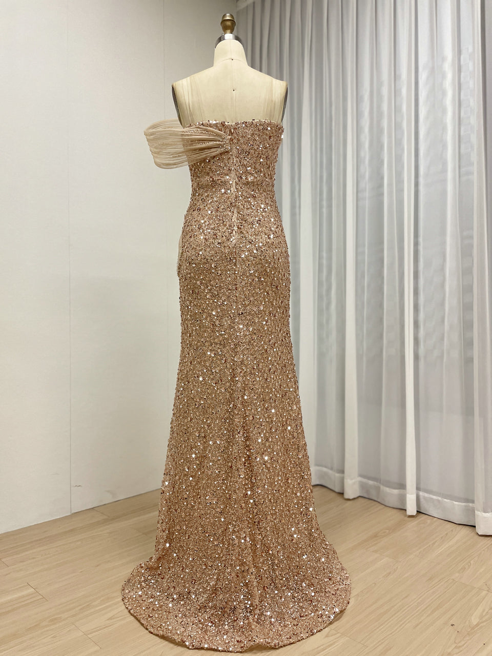 Elegant Bronze Sequin Off-Shoulder Dress with High Slit Beaded Waist for Gala Events MY30175