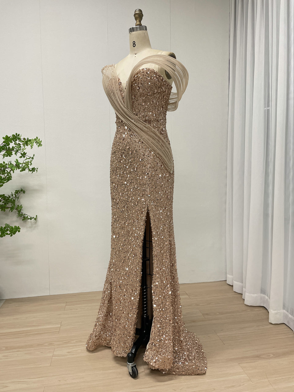 Elegant Bronze Sequin Off-Shoulder Dress with High Slit Beaded Waist for Gala Events MY30175