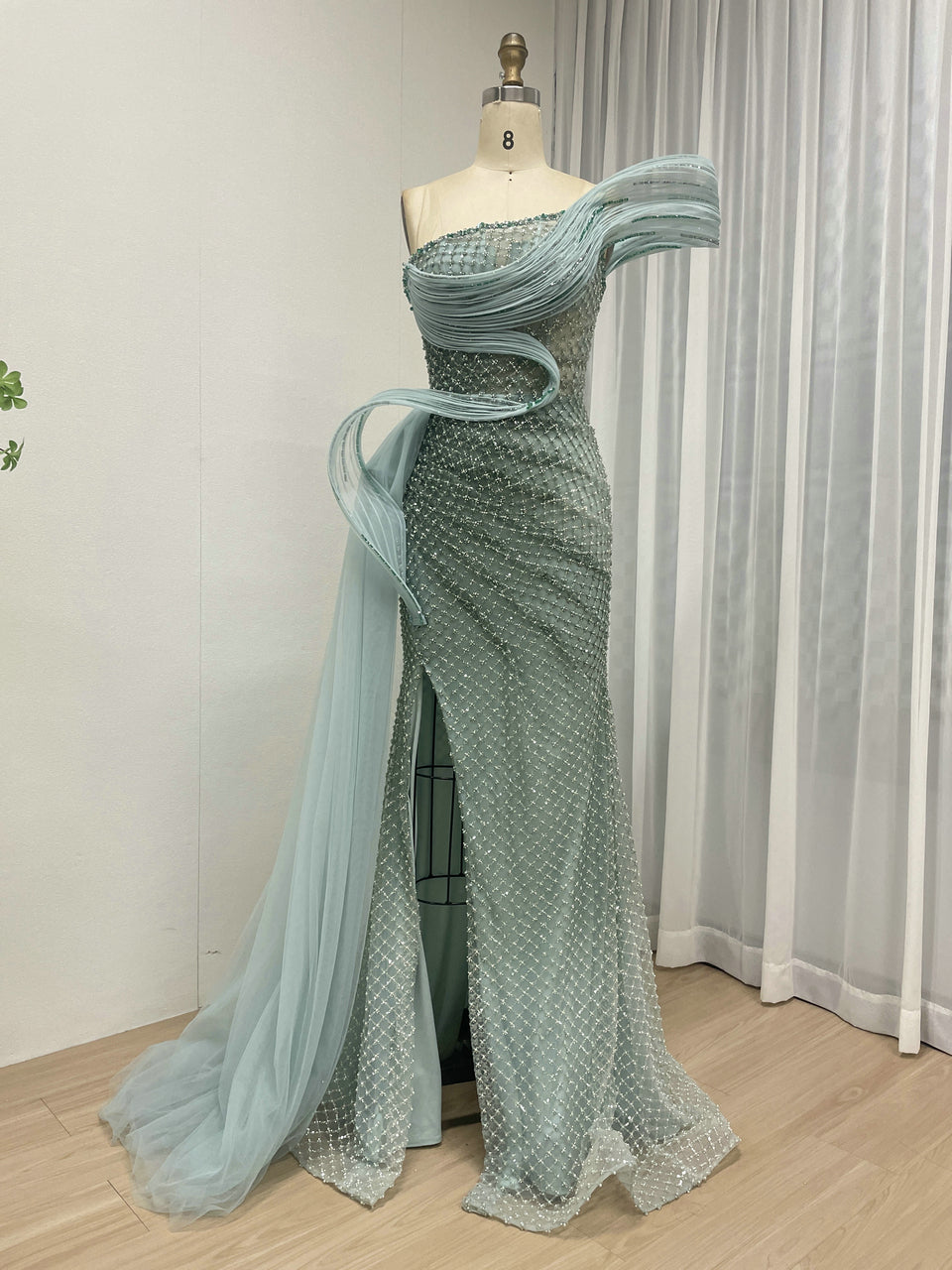 Dramatic Silver Black Net Pattern Beaded Formal Gown One-Shoulder Mermaid Prom MY30179