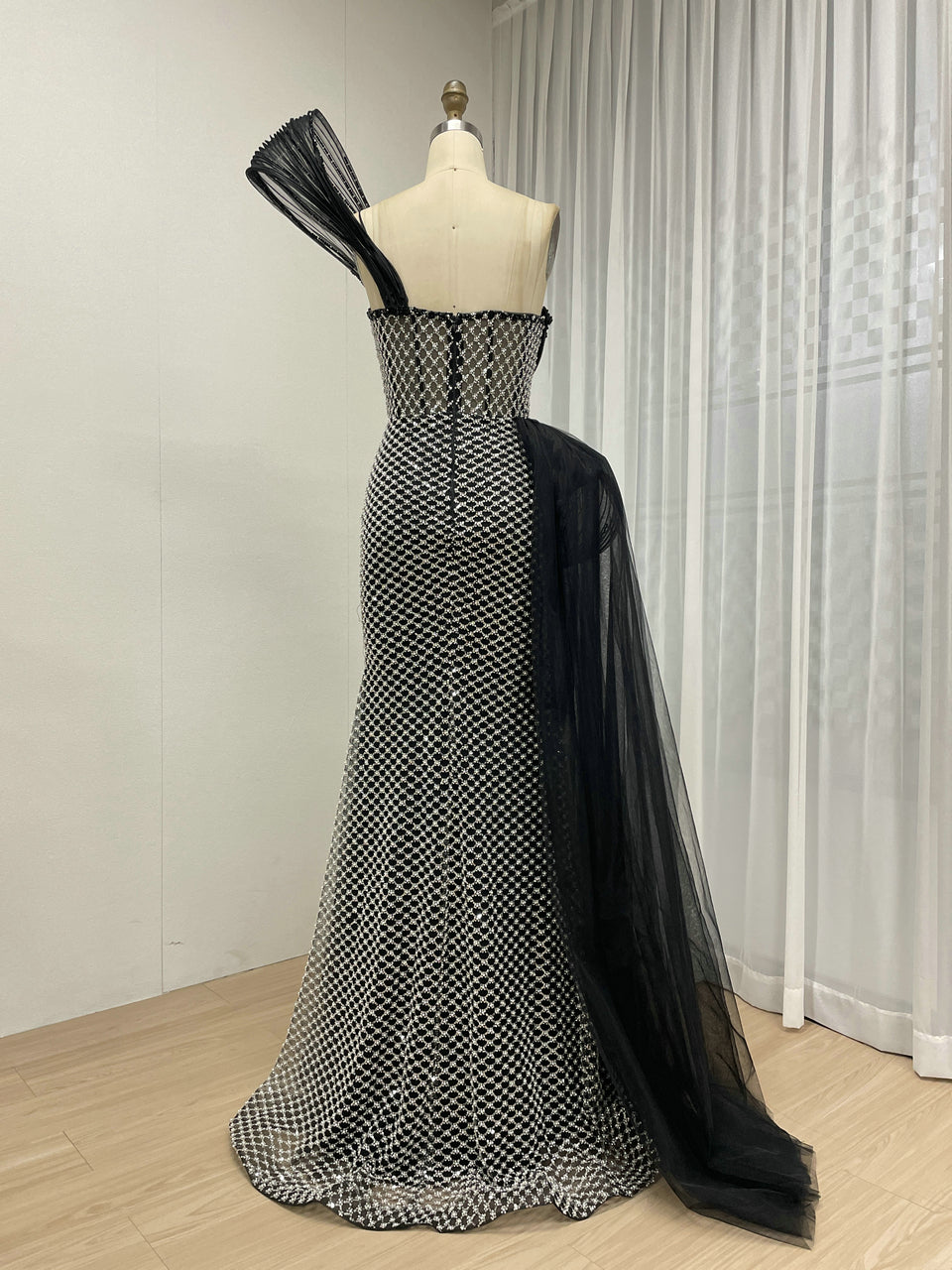 Dramatic Silver Black Net Pattern Beaded Formal Gown One-Shoulder Mermaid Prom MY30179