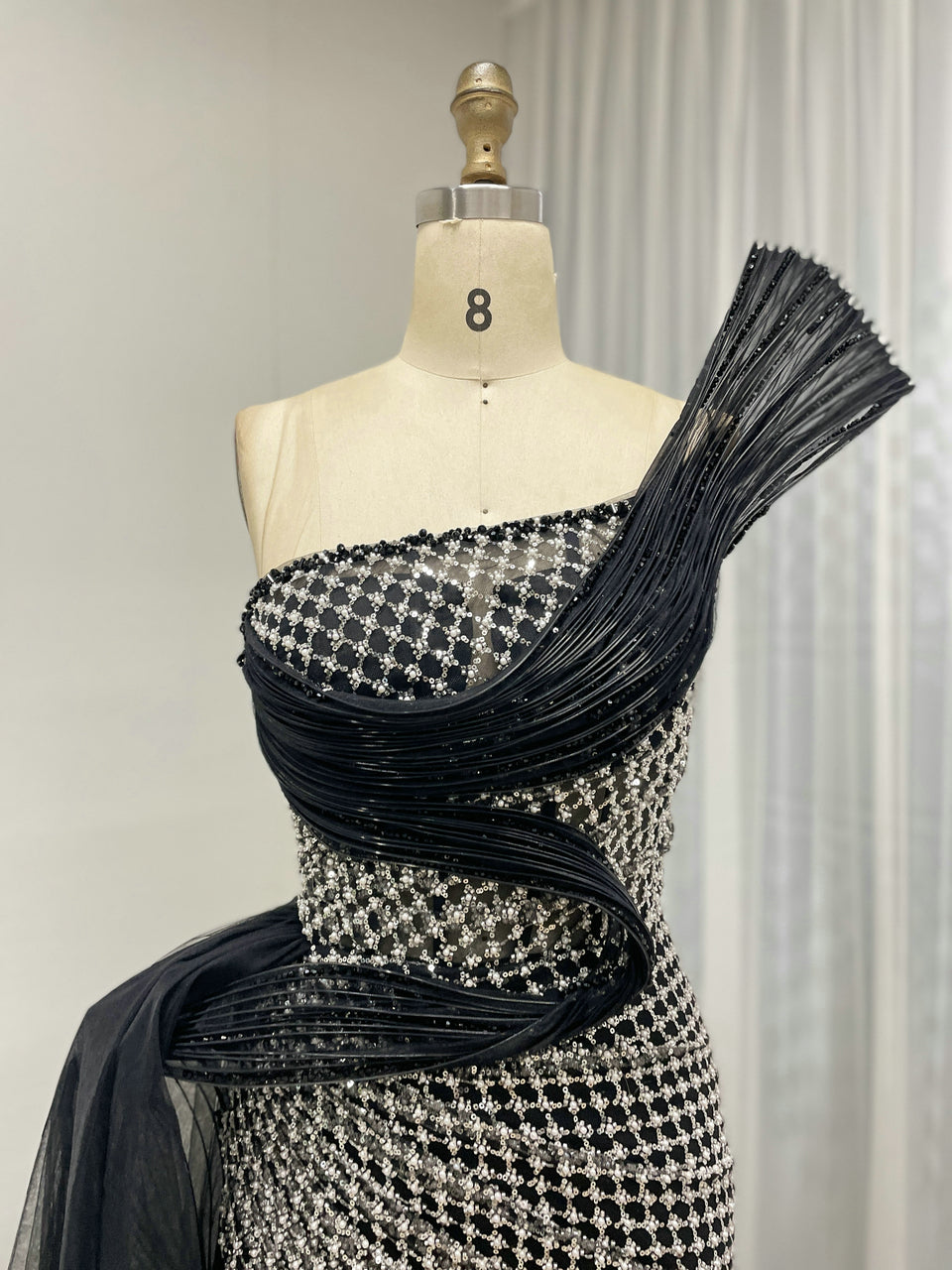 Dramatic Silver Black Net Pattern Beaded Formal Gown One-Shoulder Mermaid Prom MY30179