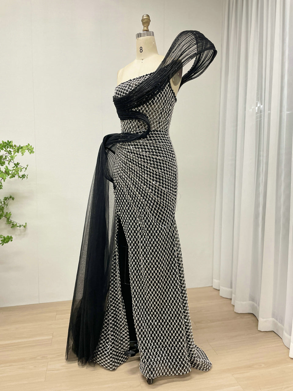 Dramatic Silver Black Net Pattern Beaded Formal Gown One-Shoulder Mermaid Prom MY30179