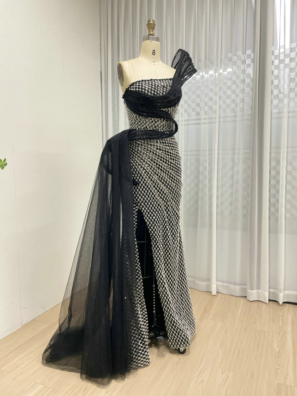 Dramatic Silver Black Net Pattern Beaded Formal Gown One-Shoulder Mermaid Prom MY30179