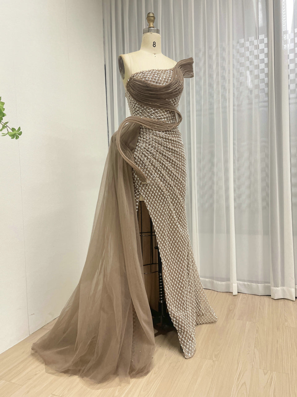Dramatic Silver Black Net Pattern Beaded Formal Gown One-Shoulder Mermaid Prom MY30179