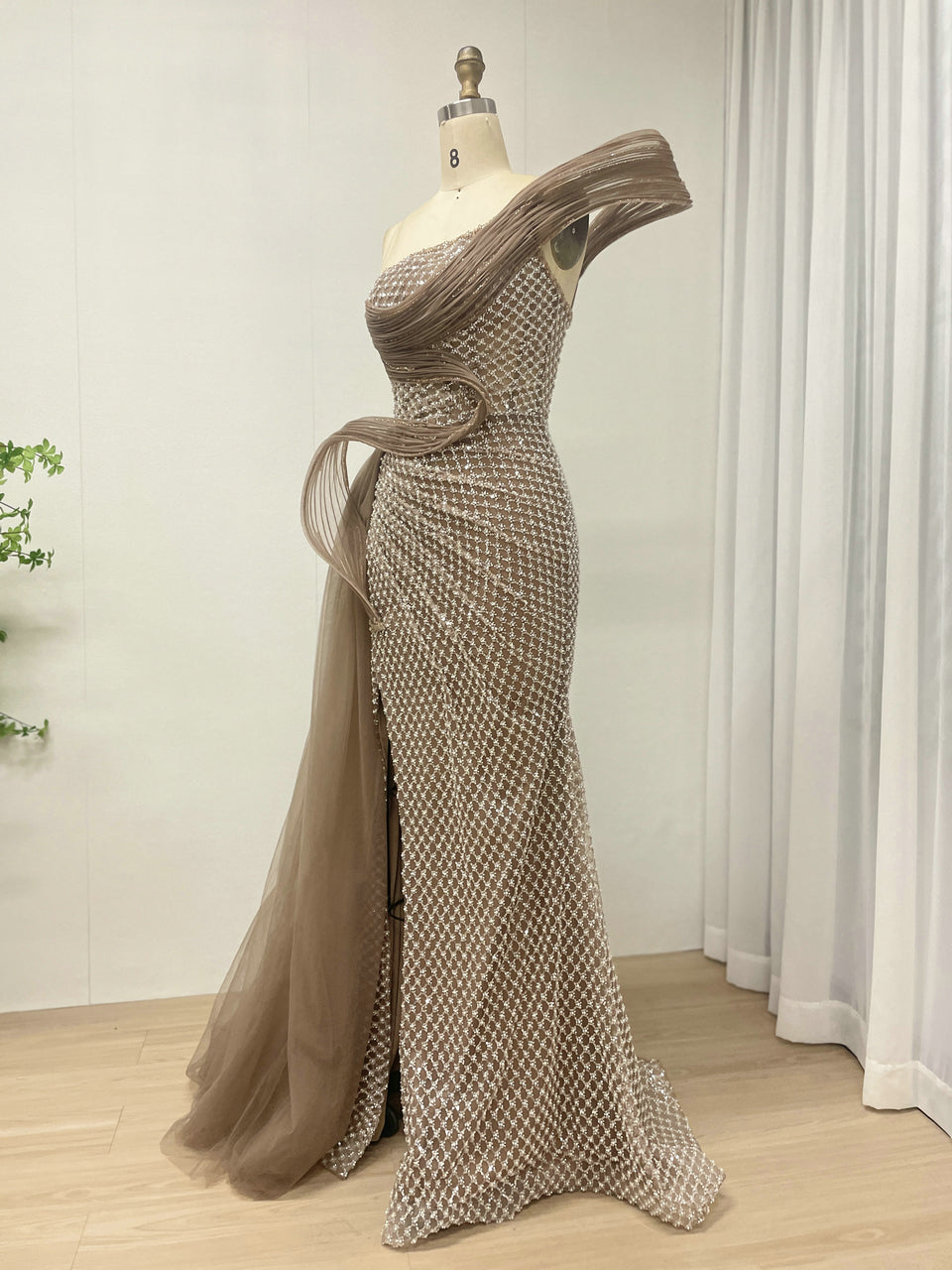 Dramatic Silver Black Net Pattern Beaded Formal Gown One-Shoulder Mermaid Prom MY30179