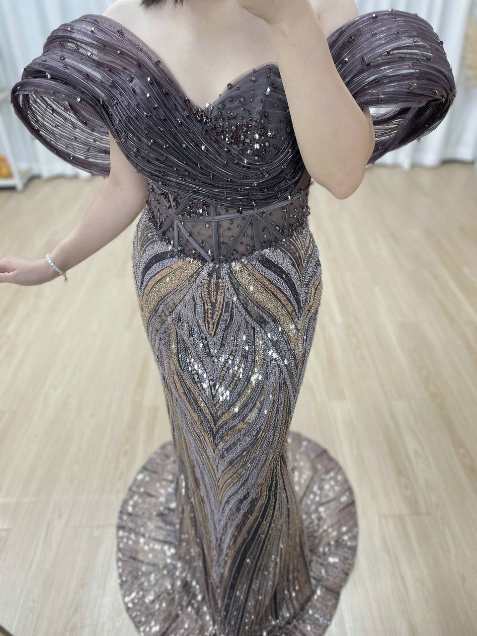 Purple Off-Shoulder Beaded Evening Gown with Dramatic Ruffle Slit for Galas MY30181