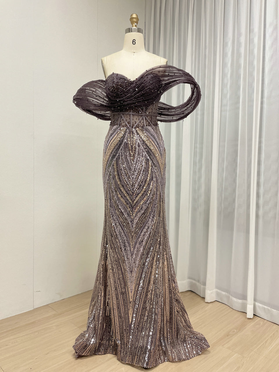 Purple Off-Shoulder Beaded Evening Gown with Dramatic Ruffle Slit for Galas MY30181