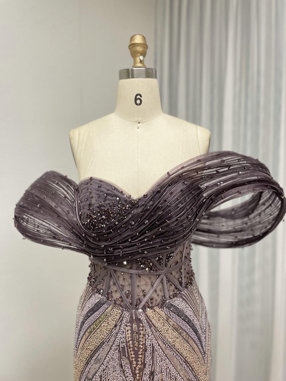 Purple Off-Shoulder Beaded Evening Gown with Dramatic Ruffle Slit for Galas MY30181