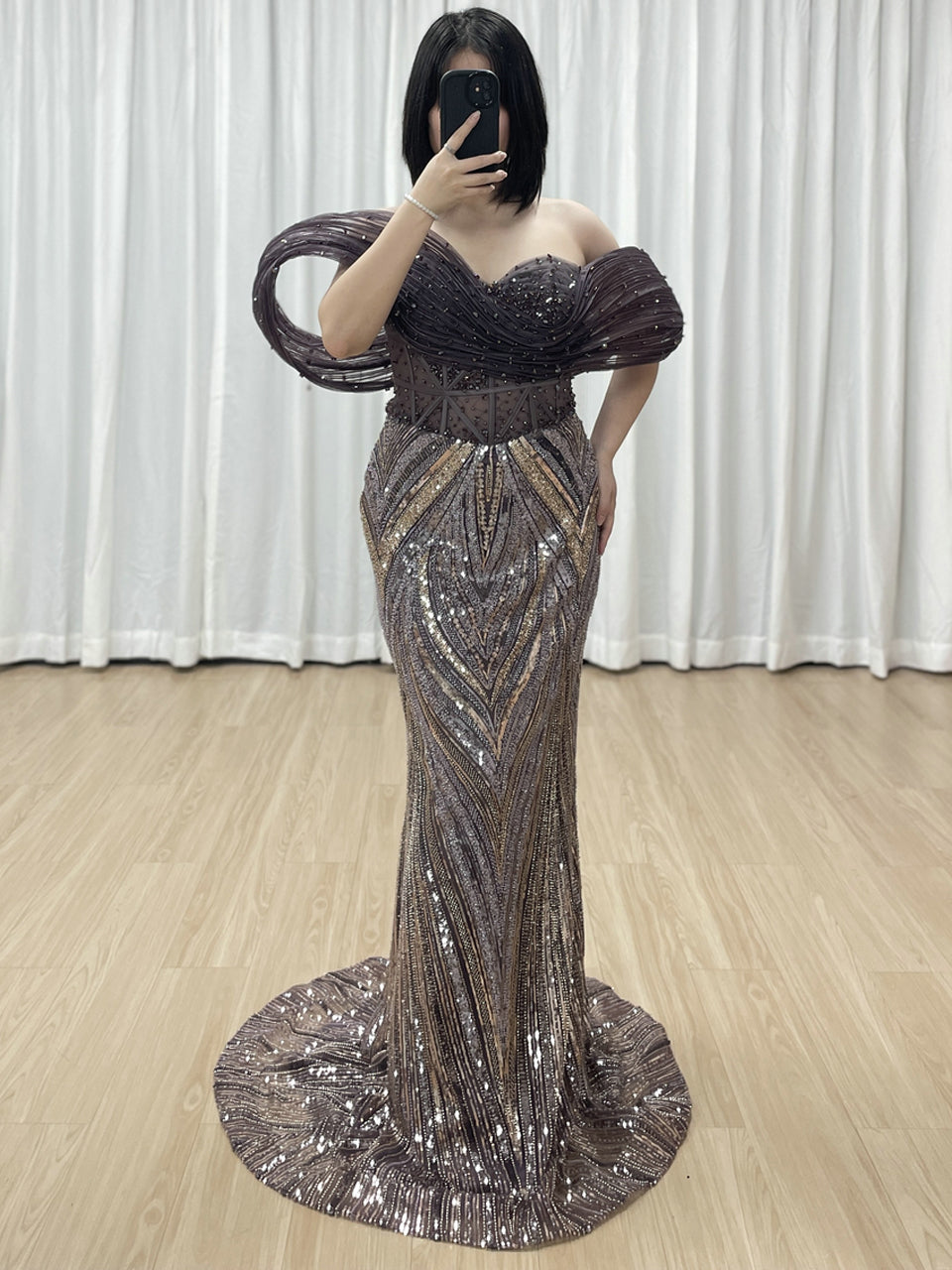 Purple Off-Shoulder Beaded Evening Gown with Dramatic Ruffle Slit for Galas MY30181