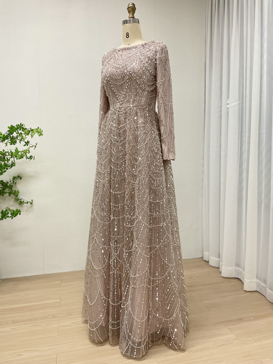 Modest Gold Sequin Pearl A-Line Prom Dress with Long Sleeves MY30183