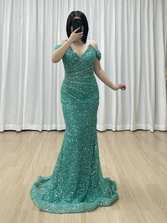 Sparkling Aqua Sequin Prom Dress Off-Shoulder Sweetheart Elegant Mermaid MY30185