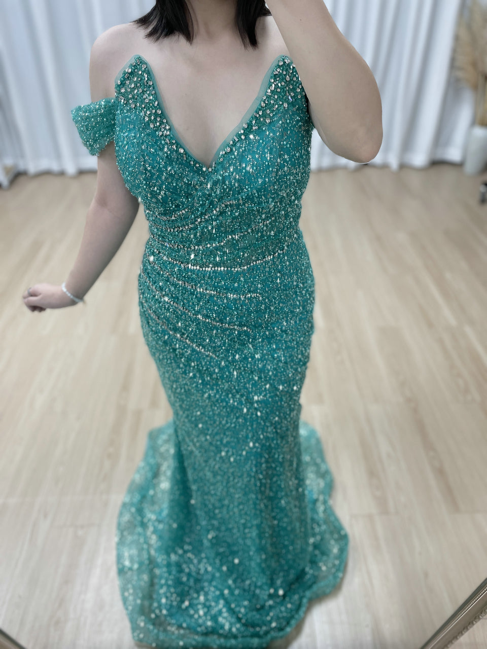 Sparkling Aqua Sequin Prom Dress Off-Shoulder Sweetheart Elegant Mermaid MY30185