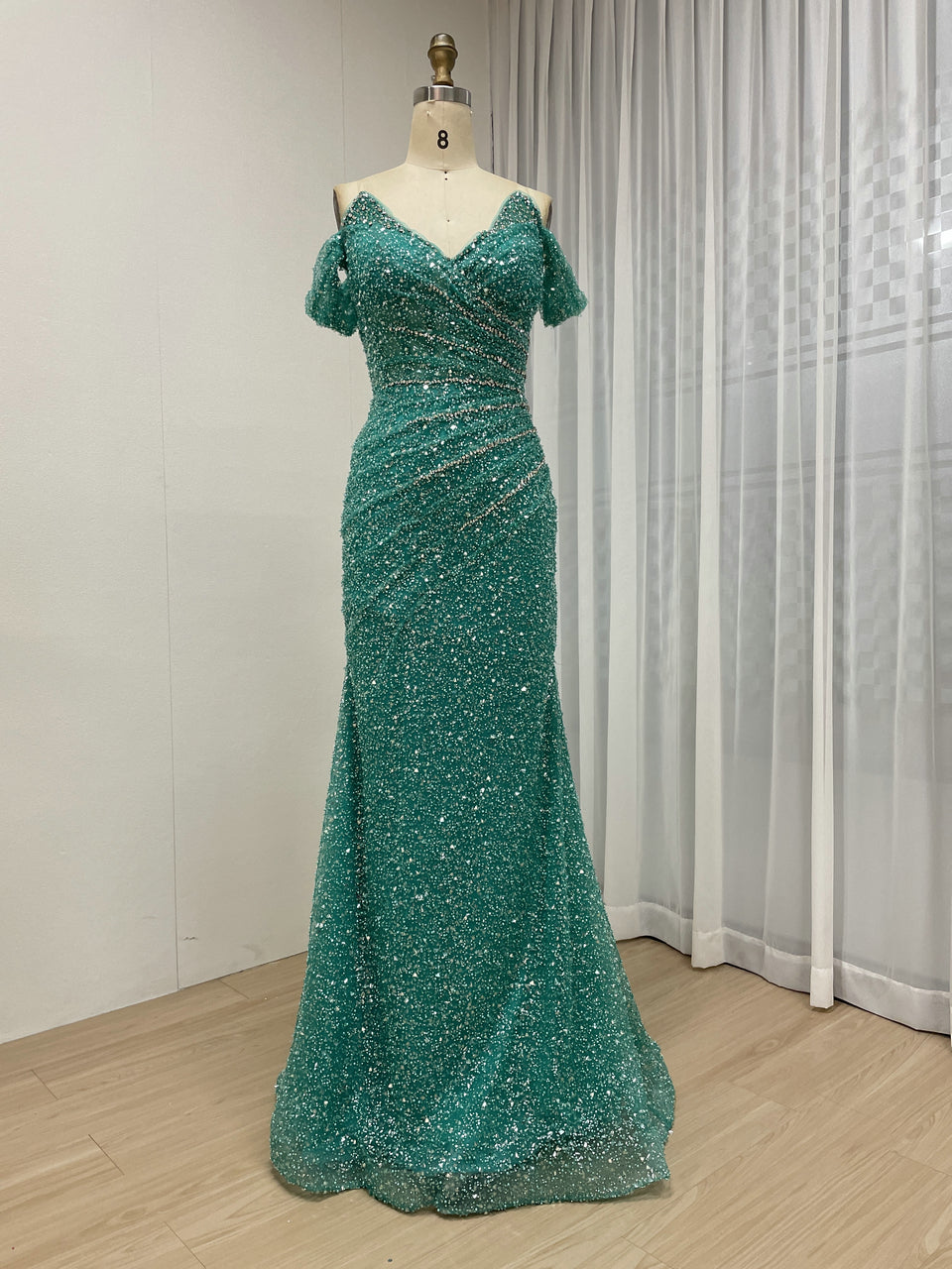 Sparkling Aqua Sequin Prom Dress Off-Shoulder Sweetheart Elegant Mermaid MY30185