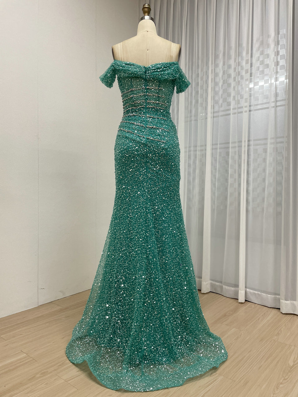 Sparkling Aqua Sequin Prom Dress Off-Shoulder Sweetheart Elegant Mermaid MY30185