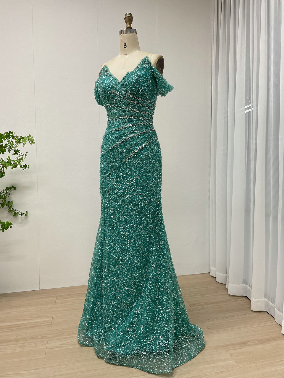 Sparkling Aqua Sequin Prom Dress Off-Shoulder Sweetheart Elegant Mermaid MY30185