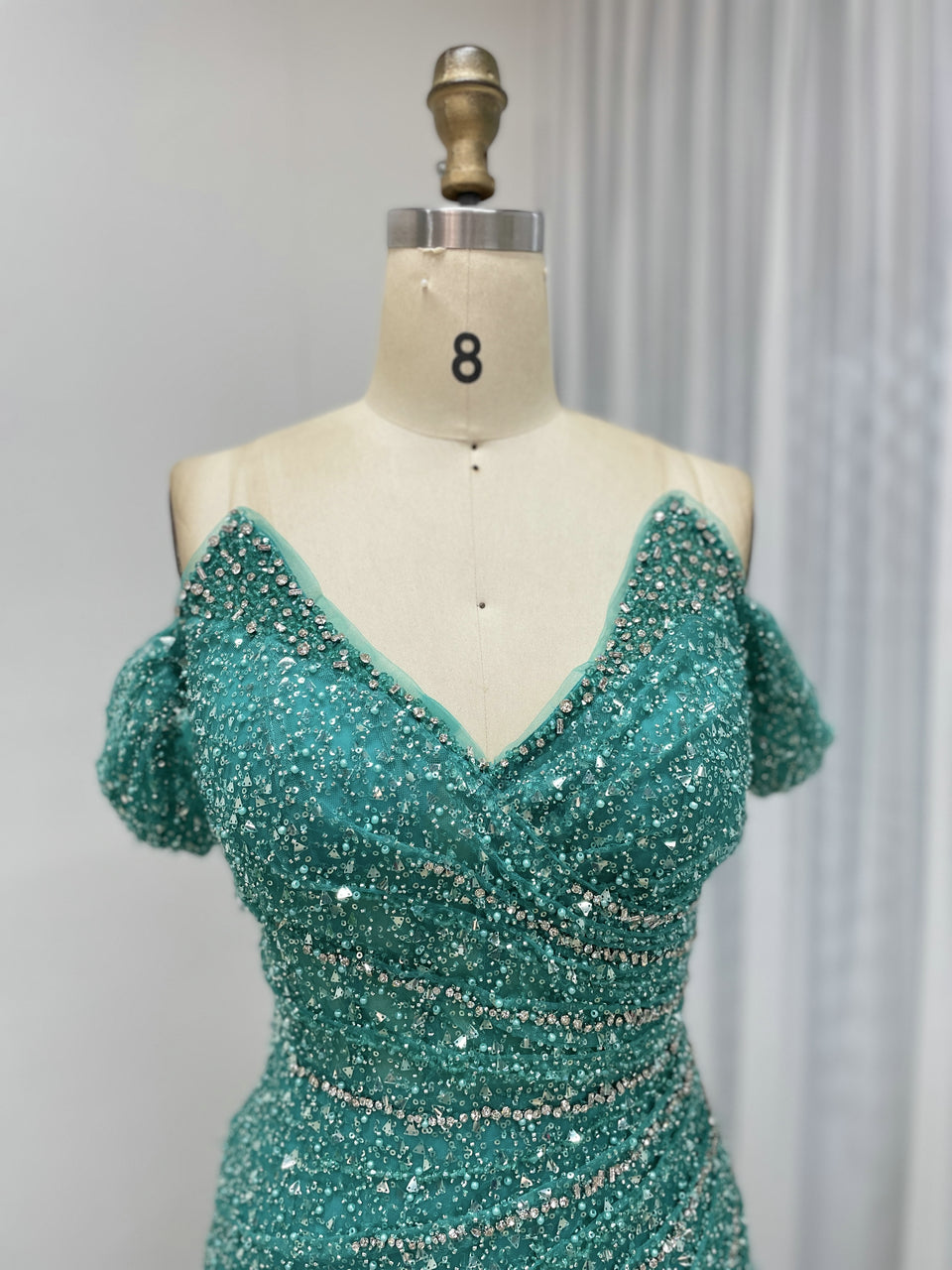 Sparkling Aqua Sequin Prom Dress Off-Shoulder Sweetheart Elegant Mermaid MY30185