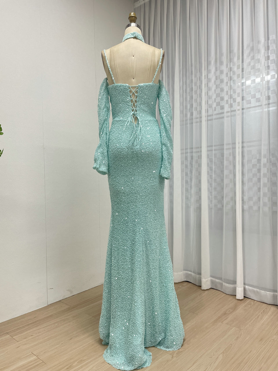 Blue Long Sleeve Mermaid Off Shoulder Prom Gown With High Slit MY30186