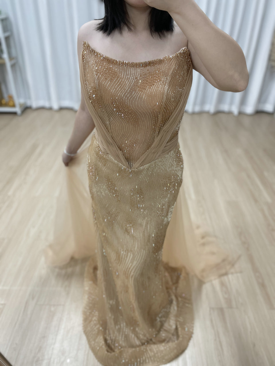 Gold Strapless Ruched Satin and Beaded Mermaid Evening Dress MY30188