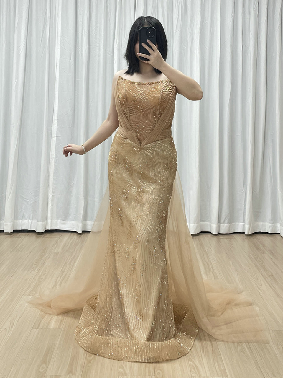 Gold Strapless Ruched Satin and Beaded Mermaid Evening Dress MY30188