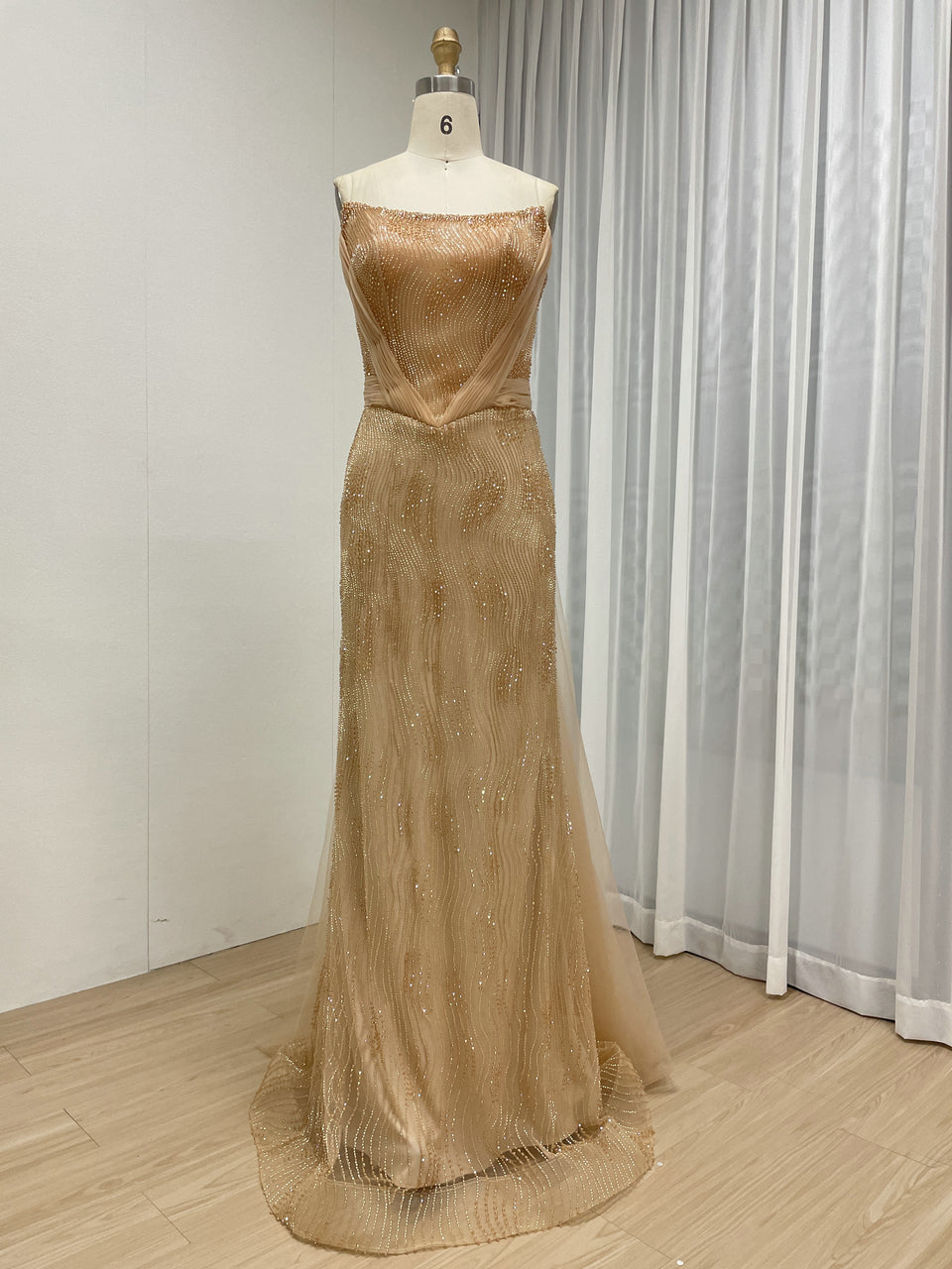 Gold Strapless Ruched Satin and Beaded Mermaid Evening Dress MY30188