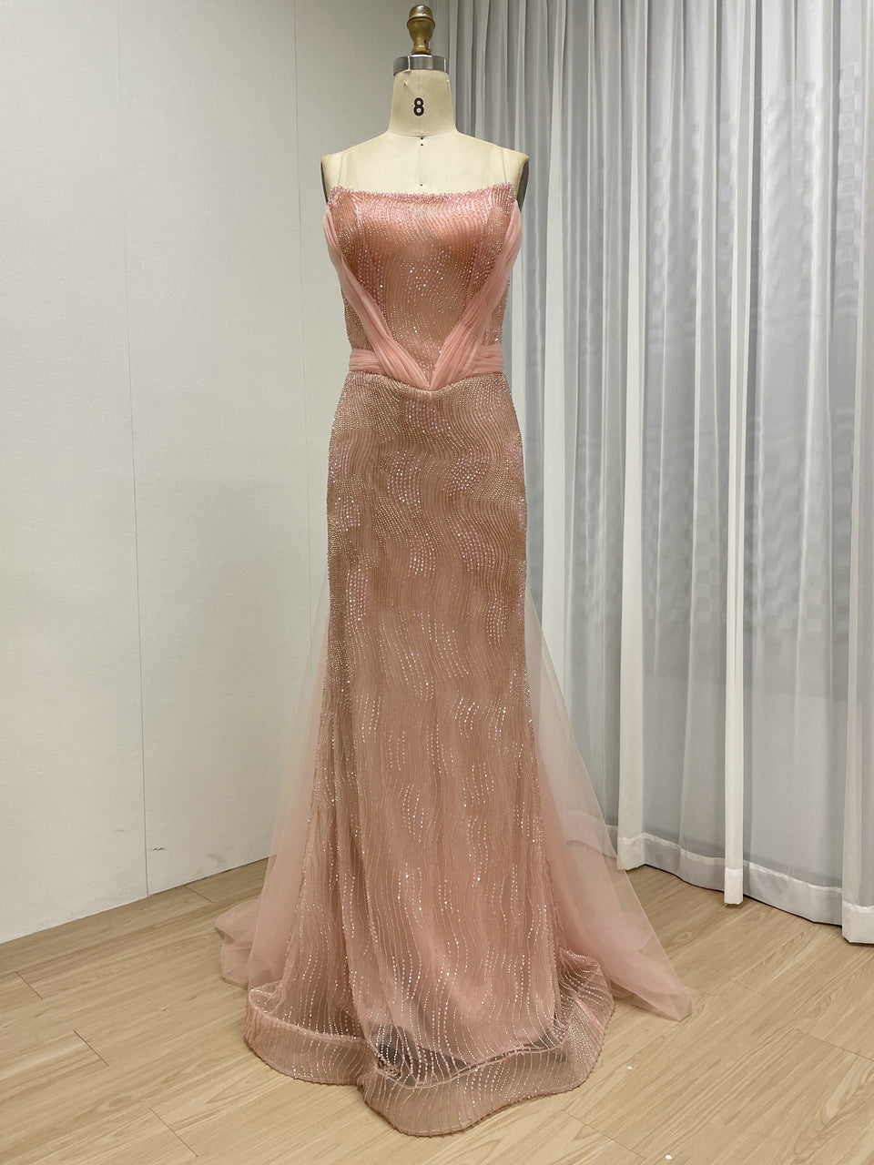 Gold Strapless Ruched Satin and Beaded Mermaid Evening Dress MY30188