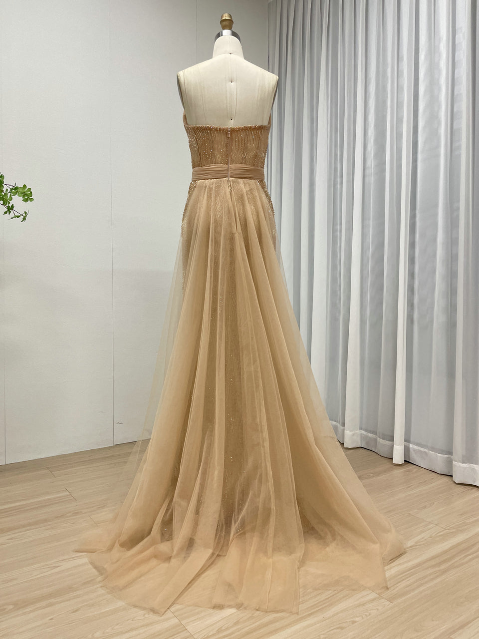 Gold Strapless Ruched Satin and Beaded Mermaid Evening Dress MY30188